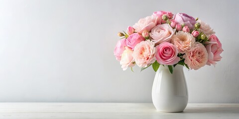 Soft pink flower bouquet in a minimalist white vase, soft colors, pink flowers, soft colors
