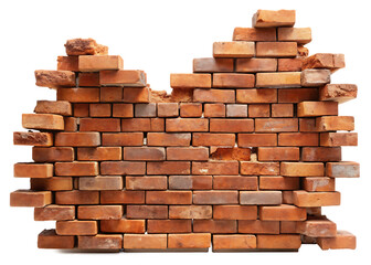 Obraz premium Old Damaged Red Brick Wall with Missing Parts Isolated on White Background