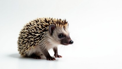 Fototapeta premium Close-up of a lone hedgehog against a stark white backdrop , wildlife, domestic, isolated