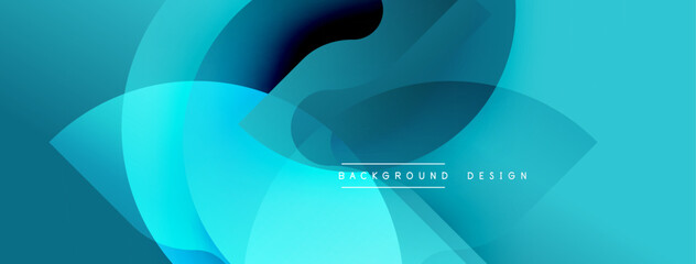 Abstract fluid shapes overlap, creating dynamic blue gradient background. Modern design features soft shadows, smooth transitions, minimalist aesthetic.