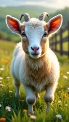 Fototapeta premium A goat with horns and a white face stands in a field of flowers. The goat is looking at the camera with a smile on its face. The scene is peaceful and serene