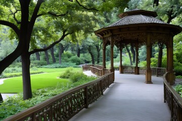 Wooden gazebo overlooking green lawn in peaceful park