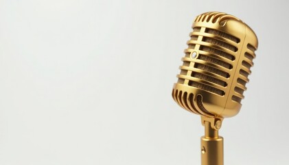 Fototapeta premium Close-up shot of a single, gold microphone on white background, sound, minimal, audio