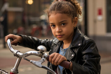 Obraz premium Race girl posing with attitude in leather jacket on bicycle