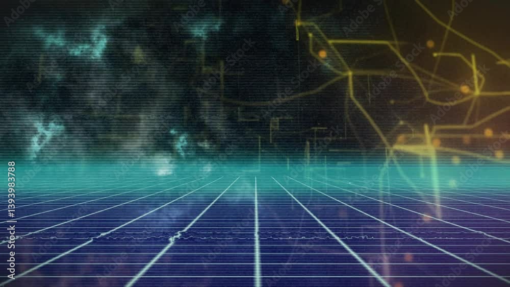 Poster glowing network connections in futuristic digital grid landscape with animation patterns