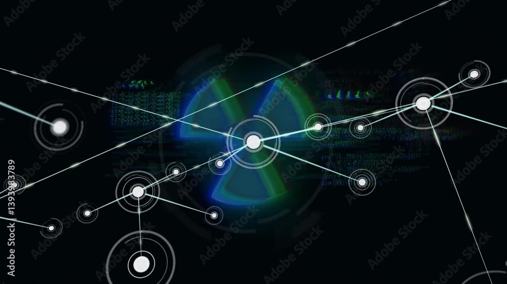 Poster nuclear symbol with interconnected nodes and digital data processing animation