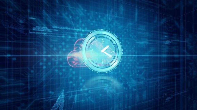 Digital clock interface with futuristic blue and red cloud data animation