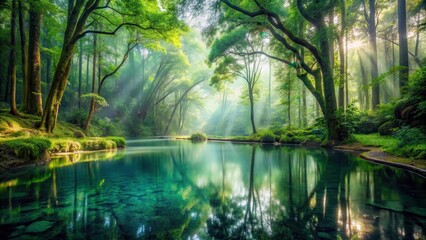 Misty forest glade with crystal-clear pool reflecting verdant canopy above, clearing, water,  clearing