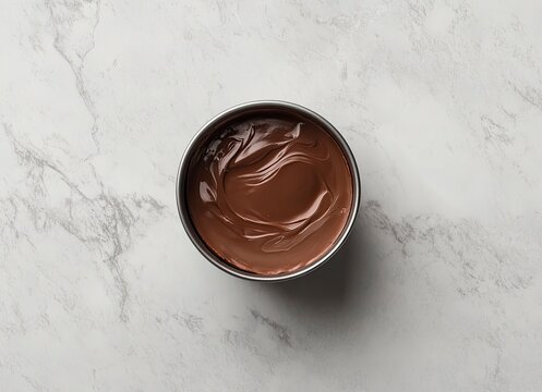 Preparing Delicious Chocolate Cake Inside Baking Pan on Marble Surface