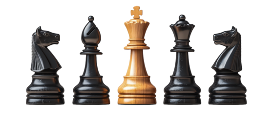 A close-up view of a wooden king chess piece surrounded by black knight and bishop pieces, symbolizing strategy