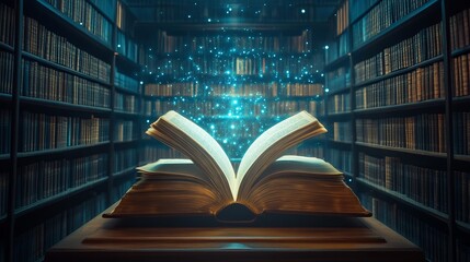 Open book on a wooden table in a library with magical glowing particles floating above it in the dark