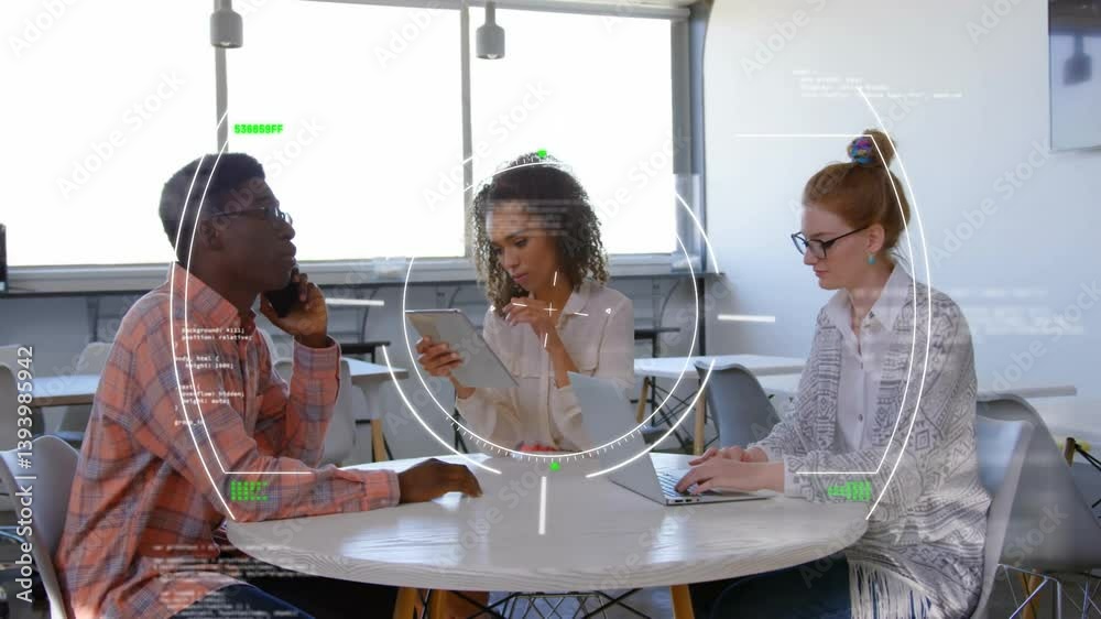 Poster diverse colleagues working at table with digital data processing animation overlay