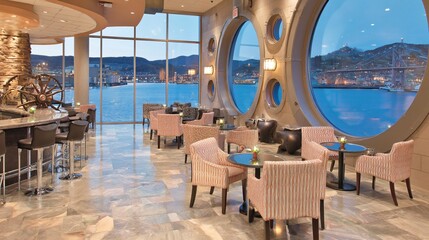 Stylish indoor restaurant with harbor view from circular windows, chairs, tables, bar, and lighting