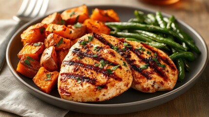 Exquisite grilled chicken breast with roasted sweet potatoes and green beans recipe