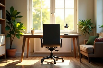 Fototapeta premium Empty chair at desk facing laptop, sunlit room, sunlit, isolated