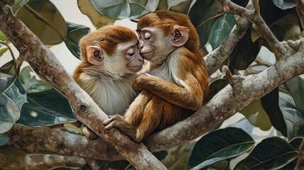 Two baby monkeys cuddling in a tree
