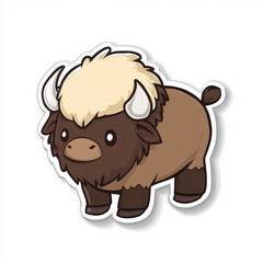 Obraz premium Cute animal sticker featuring cartoon bison with fluffy mane and small horns. This adorable design is perfect for adding charm to any collection or decoration