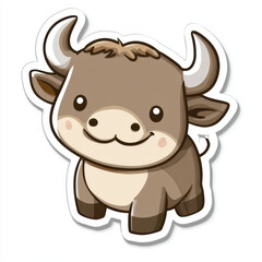 Cute animal sticker featuring cheerful cartoon bull with big eyes and friendly smile. This adorable design captures essence of joy and playfulness, perfect for decorating various items