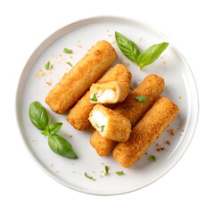 Mozzarella sticks on a plat on white plate on white background