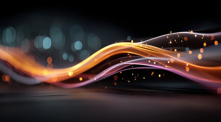 Abstract background with glowing orange and purple waves of light on a black backdrop, a digital data flow concept, and dark blue bokeh lights. Abstract technology or science wallp