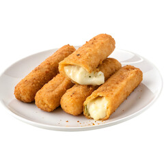 Mozzarella sticks on a plat on white plate on white background