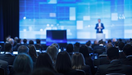 Business and entrepreneurship symposium. Speaker giving a talk at business meeting. Audience in the conference hall. Rear view of unrecognized participant in audience