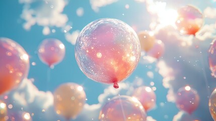 Fototapeta premium A group of colorful balloons floating in the sky under soft sunlight filtering through clouds, with a special focus on a gradient - colored balloon in pink, yellow, white.