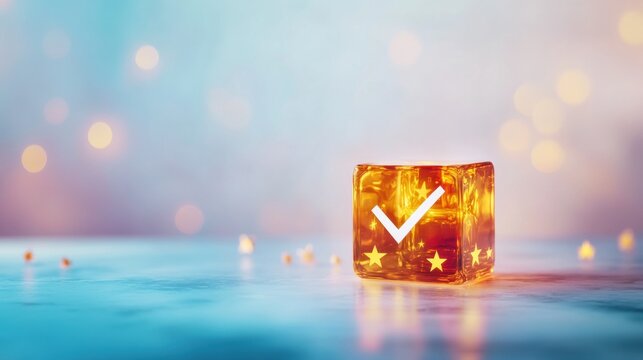 A glowing ice cube featuring stars and a check mark sits on a smooth surface with a colorful, dreamy background - Powered by Adobe