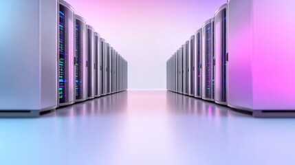 Rows of server cabinets in a data center.  Modern, illuminated server racks, aligned, reflecting light on a clean floor