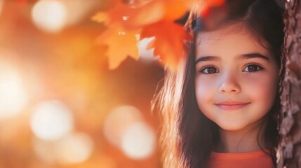 Fototapeta premium Young girl stands by a tree, smiling softly as golden autumn leaves frame her face in warm sunlight