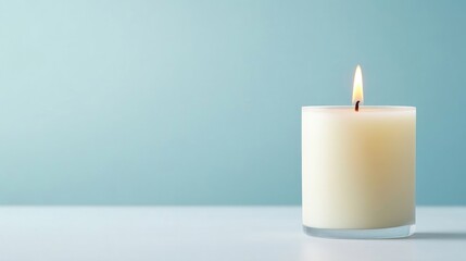 A lit white candle on a minimalist table against a soft blue background, serene and calm atmosphere, and close-up composition.