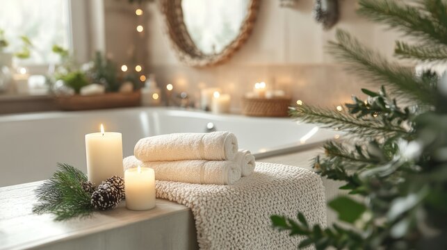 Cozy bathroom, Christmas towels, candles, bathtub, festive decor, spa relaxation