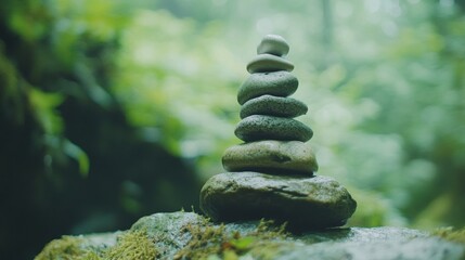 Fototapeta premium A serene arrangement of smooth, stacked stones rests on a moss-covered rock, surrounded by green foliage and dappled sunlight
