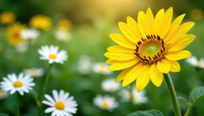 Fototapeta premium One bright yellow sunflower among white daisies, unusual, prominent, special