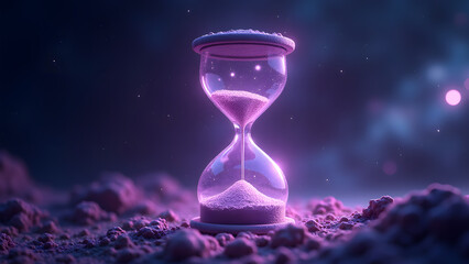 Celestial hourglass with planetary gears floats in galaxy computer. Cosmic energy warps space-time at 16K.