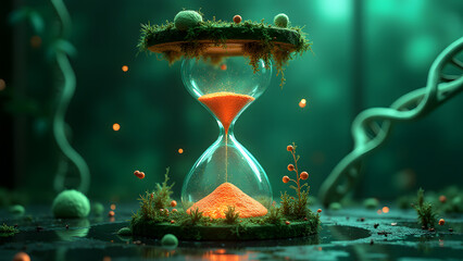 Bio-mechanical hourglass with organic circuits floats in genetics lab. Cellular energy pulses in 16K.