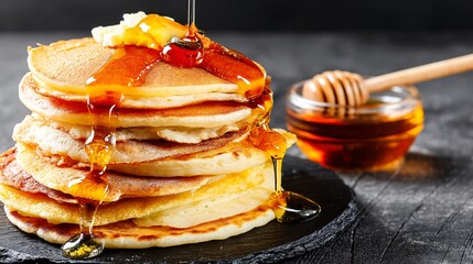 Tall pancake stack drizzled with honey, topped with butter. Honey pot & dipper on slate, against a gray background