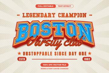 Bold and vibrant Boston varsity text effect with vintage sports style. Fully editable vector perfect for t-shirts, posters, or college team branding.