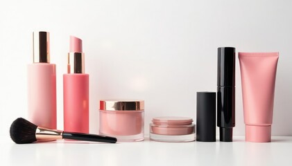 Various cosmetic products on pristine white backdrop, background, products, bottles