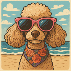 Dog with Sunglasses Enjoying Beach Vacation Wearing a Flower Bandana