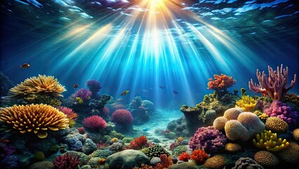 Fototapeta premium Underwater coral reef illuminated by sunbeams , marine life, ocean, aquatic, underwater, colorful, vibrant, sunlight