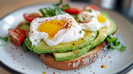 A delicious slice of whole grain toast topped with fresh avocado slices and two perfectly poached eggs, garnished with herbs, black pepper, and greens for a healthy and appetizing breakfast.


