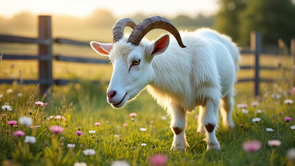 Obraz premium A white goat is standing in a field of flowers. The goat has horns and is looking at the camera