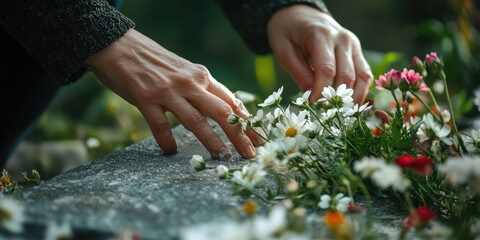 A woman is holding flowers in her hands