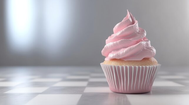 Pink cupcake, swirl frosting, checkered surface, studio background, dessert