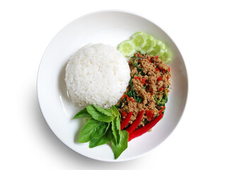 Thai Basil Pork with Jasmine Rice – Popular Thai dish with cucumber and fresh holy basil, transparent background (PNG)