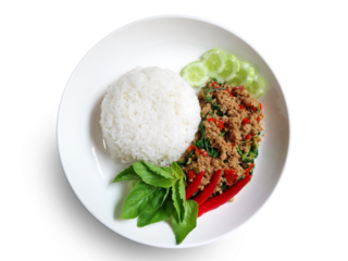 Thai Basil Pork with Jasmine Rice – Popular Thai dish with cucumber and fresh holy basil, transparent background (PNG)