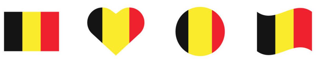 Fototapeta premium Belgium flag. Belgium flag set in square, circle, waving flag and heart shape icons. Vector illustration.