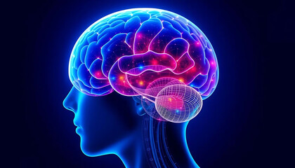 Fototapeta premium Human Brain Visualization with Glowing Neural Network and Anatomical Structure