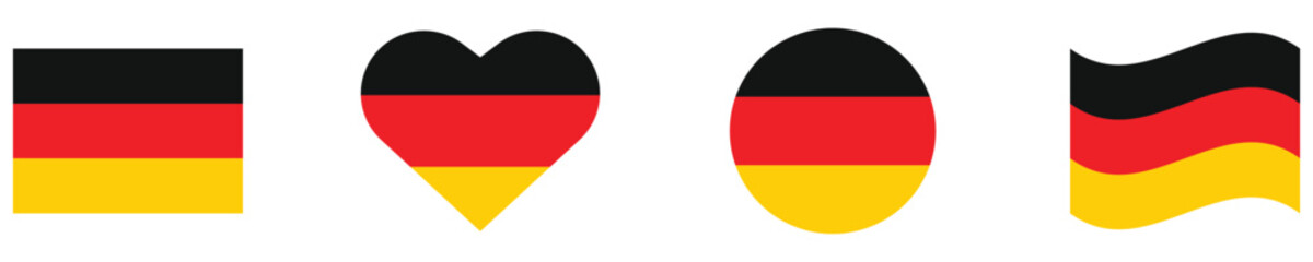 Naklejka premium Germany flag. Germany flag set in square, circle, waving flag and heart shape icons. Vector illustration.